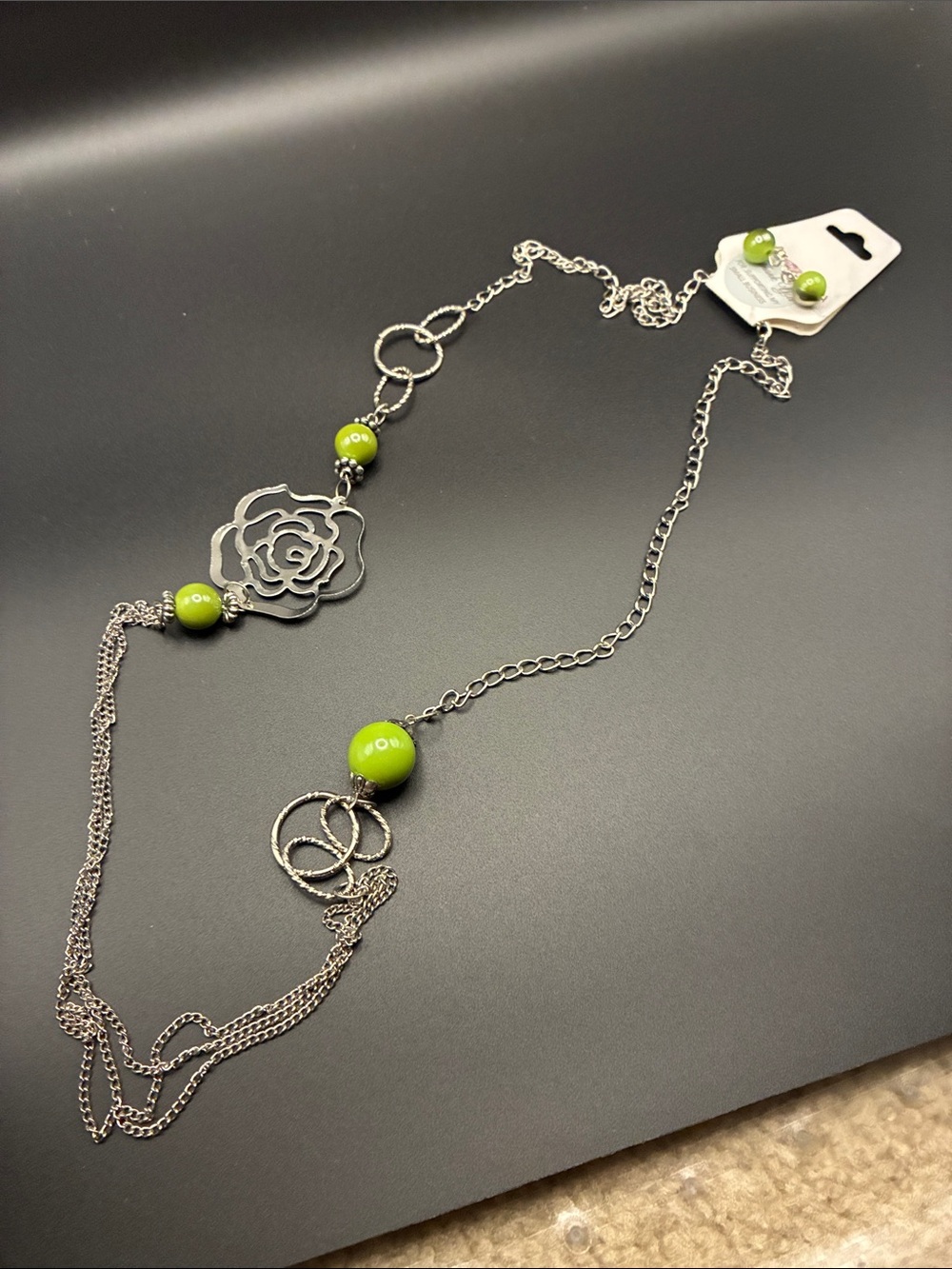 Silver Floral Pendant Necklace with Lime Green Beads - Women’s Fashion Jewelry
